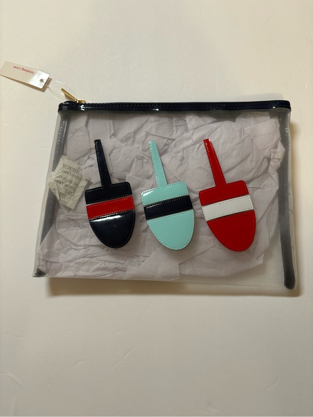 LOLO Clear Mesh Cosmetic Pouch with Trio of Navy, Mint and Red Nautical bobs